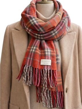 Burberry Plaid Red Orange Pink Plaid Nova Check Fringe Scarf Wool Blend Designer